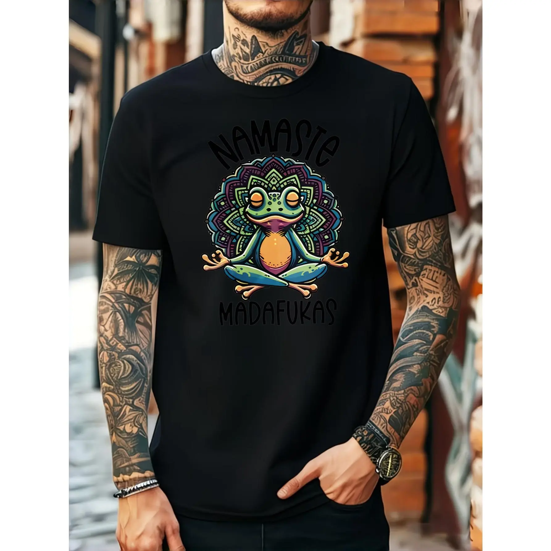 Casual Streetwear Style, Men's T-Shirt, Funny Meditating Frog With Namaste Madafukas Graphic, Summer Daily Wear, Gift For Friends Or Yoga Lovers
