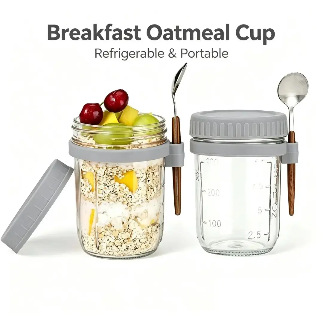 2-Pack 12oz Glass Overnight Oatmeal Jars with Lid, Leak-Proof Measuring Breakfast Cups, Portable Yogurt Grain Salad Containers, Refrigerator Storage