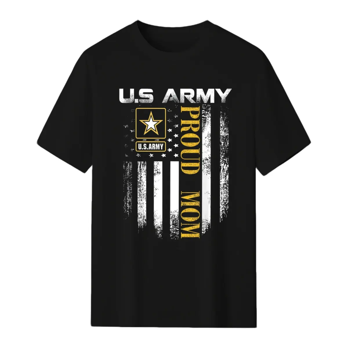 Women's Vintage U.S. Army Proud Mom Patriotic T-Shirt - Distressed American Flag & Star-Spangled Yellow Lettering, Casual Round Neck Tee, Machine Washable Military Family Gift, American Flag Clothes