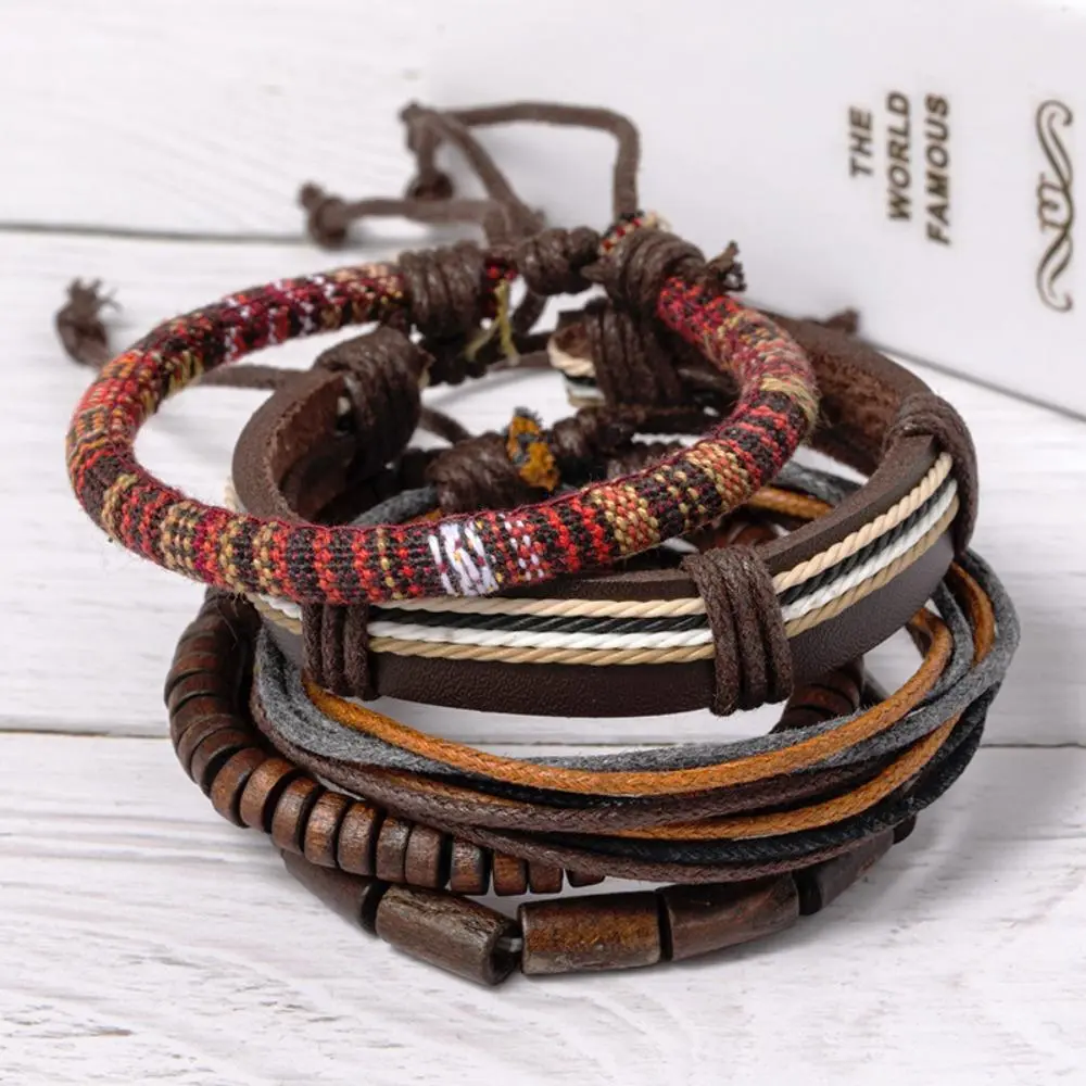 5Pcs Boho PU Leather Bead Stackable Bracelet Set, Stackable Boho Bracelets, Adjustable Vintage Woven Braided Wristbands, Unisex Bohemian Hippie Layering Jewelry, Retro Casual Fashion Accessories for Men and Women Daily Outfits