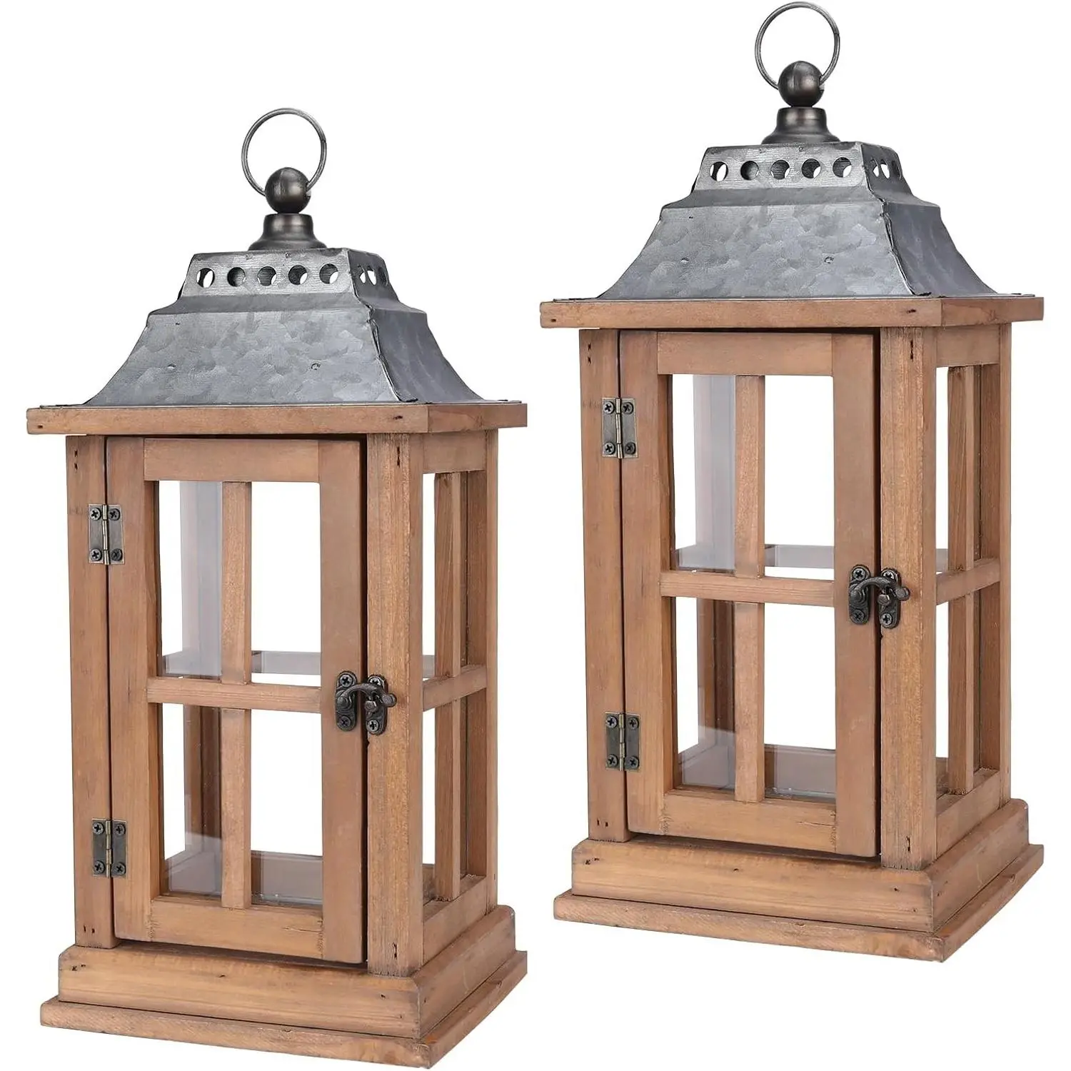 15 Inch Outdoor Decorative Lanterns, Set of 2 Wooden Candle Lanterns | Tempered glass, galvanized tops, decorative candle lanterns for covered porch, fireplace and weddings; candles not included
