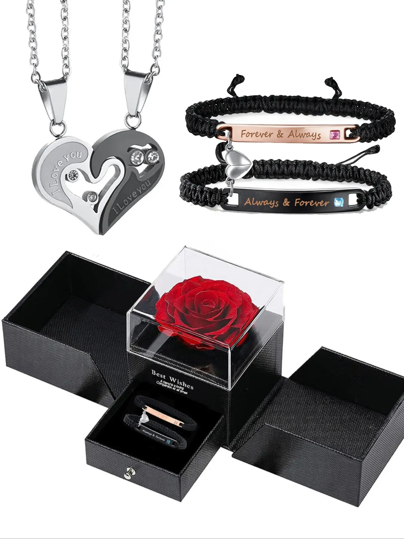 4 Piece Couple Bracelet Necklace Set, Matching Jewelry Set, Magnetic Couples Jewelry Gift, Perfect Christmas Gift Anniversary Birthday Present for Him Her, Jewellery Gift Set