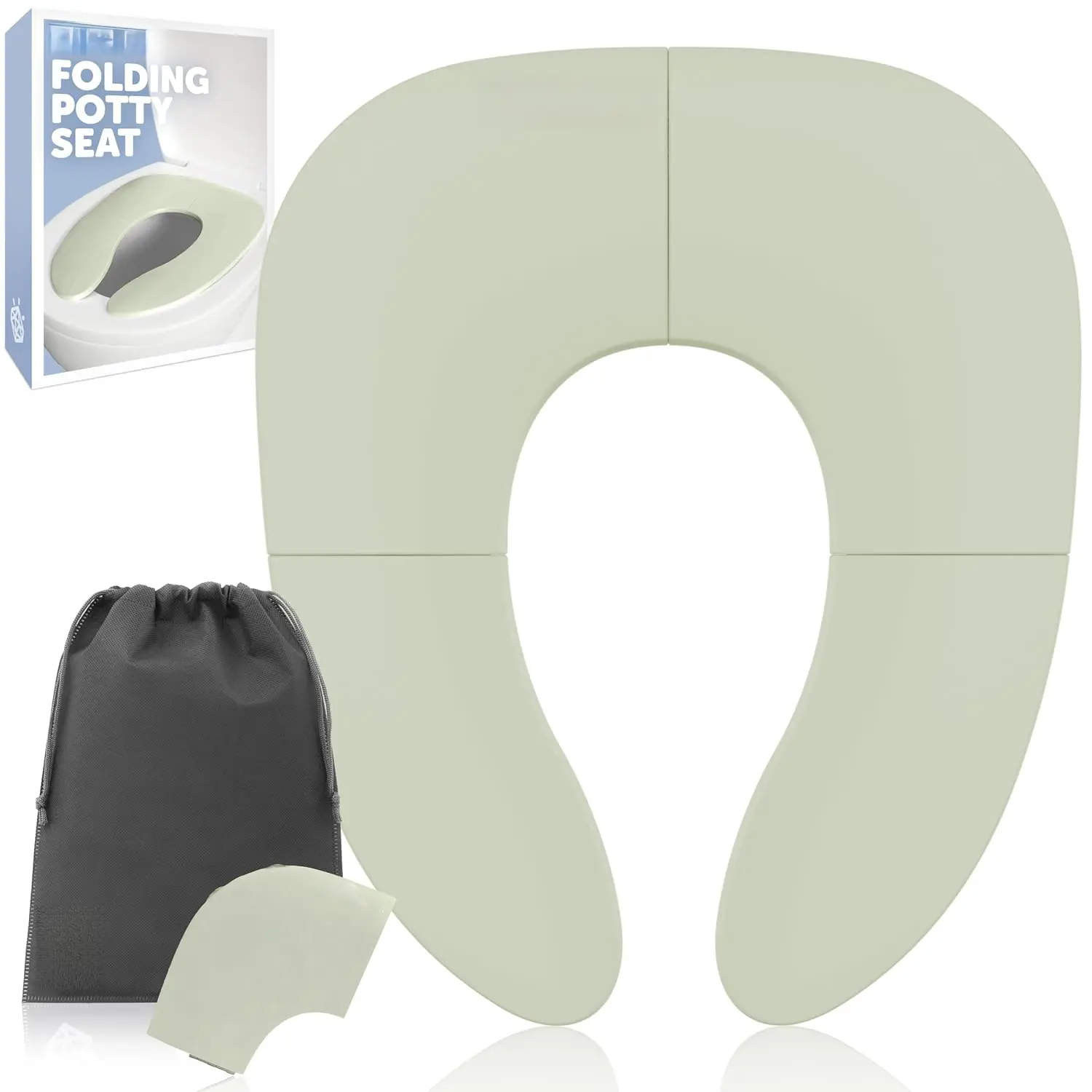 Portable Folding Toddler Potty Training Seat for 0-3 Years, Sage Green Plastic Toilet Trainer with Non-Slip Suction Cups, Travel Bag, Fits Round & Oval Toilets, Universal Unisex Design
