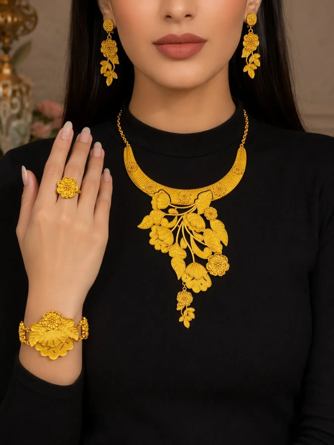 4 piece set of gold-plated jewelry set in Dubai, Middle East. Female exaggerated luxury style flower necklace, ring, earring bracelet. Adjustable elegant jewelry set is suitable for holiday gifts, wedding banquets and party celebrations.