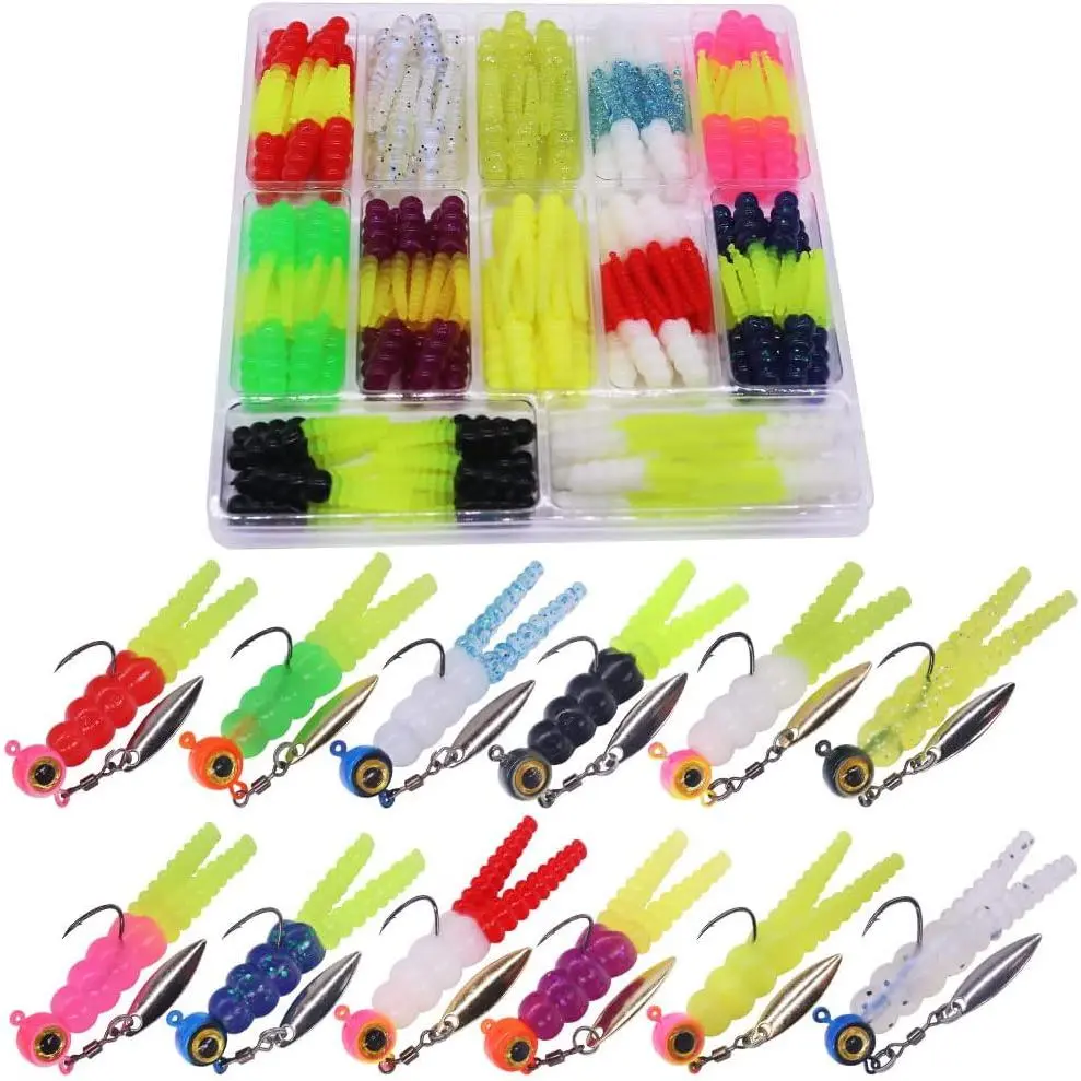 Crappie Jigs and Lures Kit -135 & 40 count Set with Plastics, Jig Heads, Split-Tail Grub Baits -  for Crappie Fishing, Panfish Lures