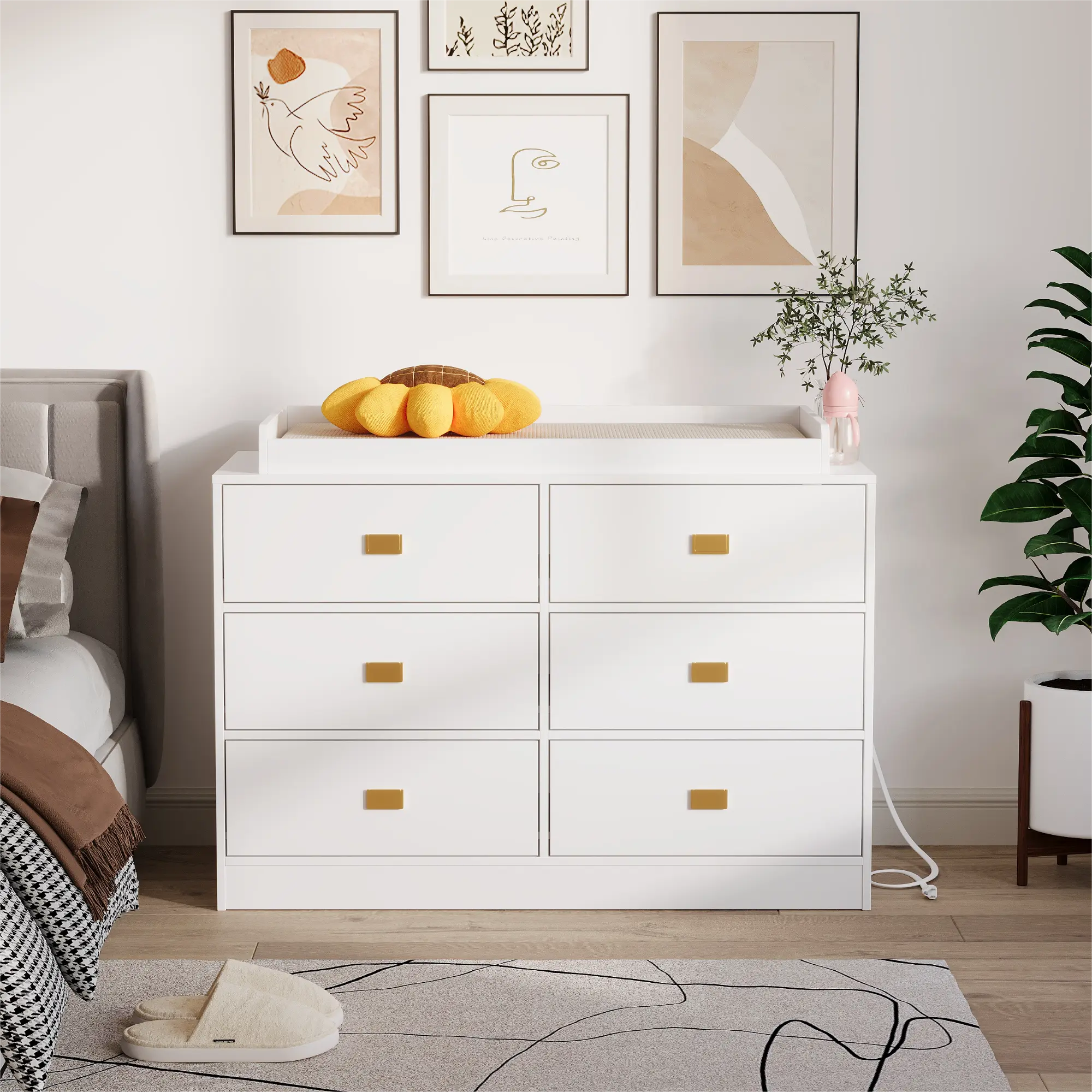 Dresser for Bedroom with 6 Drawers, Changing Table Dresser with Power Outlets, Soft Changing Pad & Removable Top, Baby Dresser with Changing Table Top for Nursery, White