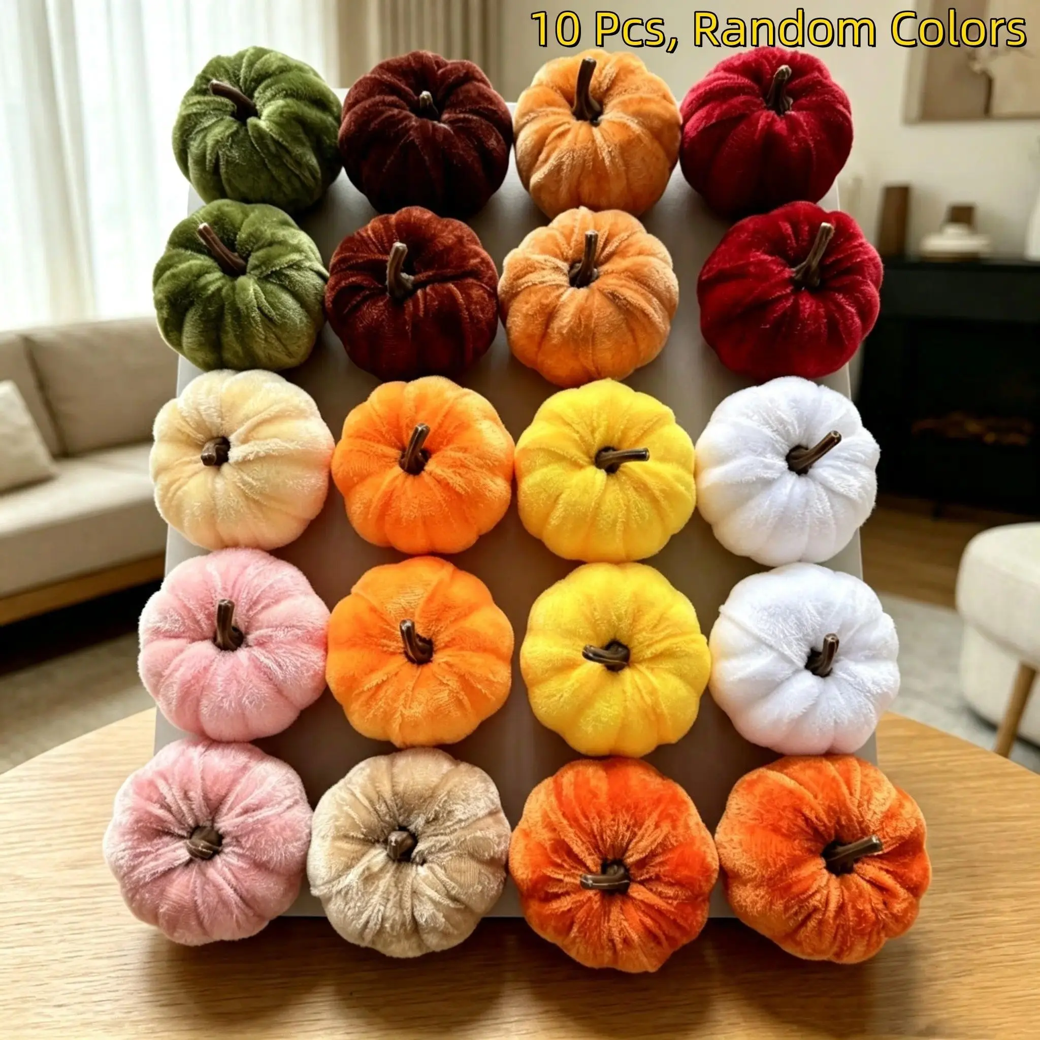 10Pcs Velvet Artificial Pumpkin Decorative Set, Soft Faux Velvet Mini Pumpkins Tabletop Ornaments, Living Room Farmhouse Home Decor, Halloween Thanksgiving Autumn Harvest Festival Party Table Centerpieces Decoration