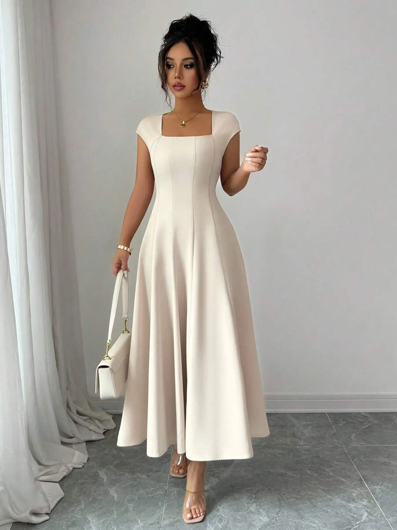 Cross-Border European and American Women's Clothing Wholesale, New Arrival Elegant Casual Wear Long Dress, Square Neck Short Sleeve Dress