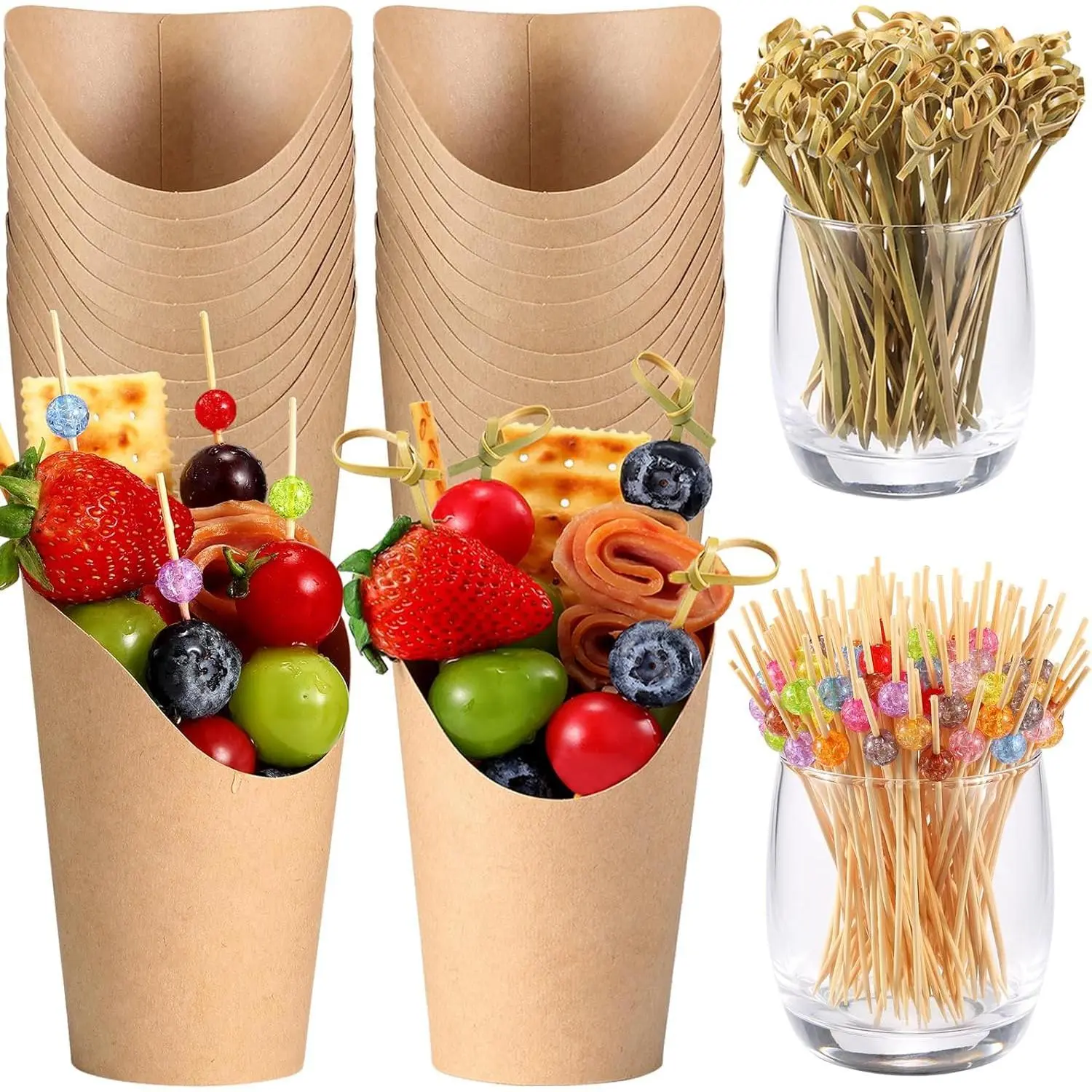 12 oz Disposable Charcuterie Cup Set (100 Pcs) with 200 Pcs Cocktail Picks, French Fry Holder, Bamboo Knot Skewers, Single-Serve Handheld Party Appetizer Kit, Kraft Paper Snack Box Container for Take-Out Meals, Disposable Cups, Fine Look And Feel