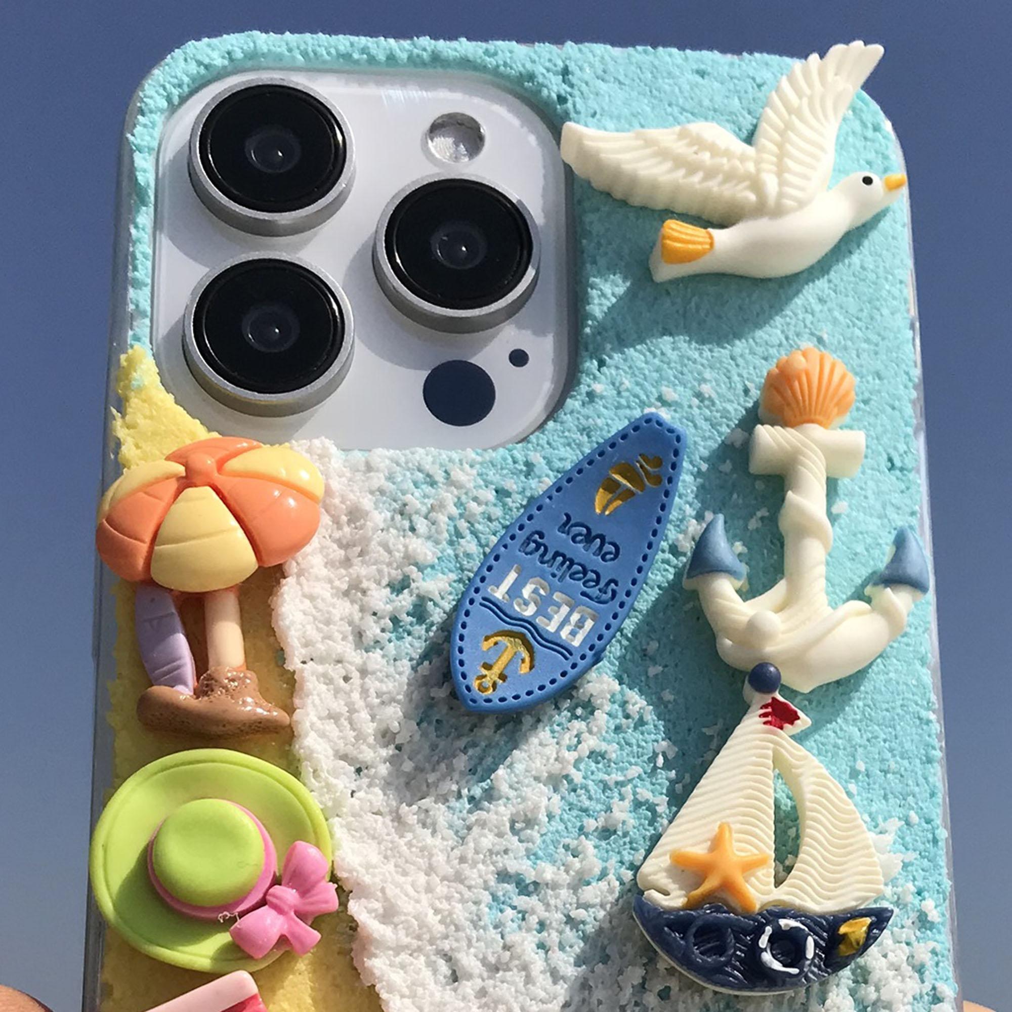 Handmade Beach Sailboat Sun Chair Coconut Tree Seagull Aesthetic Protective Smartphone Case for iPhone 17 16 15 14 13 12 11 Pro Max, Soft Tpu Anti-Slip Back Cover
