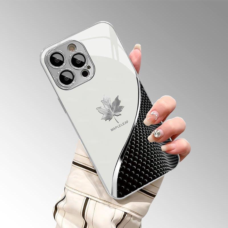 Tech-inspired curved silver maple leaf pattern electroplated high-definition glass phone case for iPhone 17 16 15 14 13 12 11 pro max, stylish protective case, luxurious glass case, suitable as a gift for friends and couples