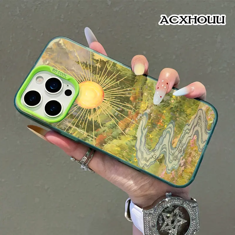 Boho Mountain Sun River Landscape Art Phone Case & Screen Protector for iPhone 17,16 Pro Max,15 Plus,14,13,12,11,XR,XS - Military Grade Shockproof Resistance for Smartphone,Handheld,Cellphone Devices, Casing, Accessories