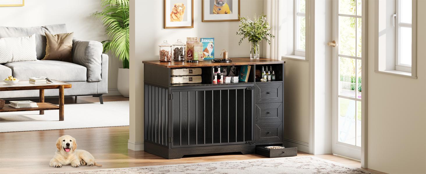 48'' dog crate furniture, heavy duty medium dog crate with bowl & storage drawers, crates for dogs indoor end table for small medium, retro brown