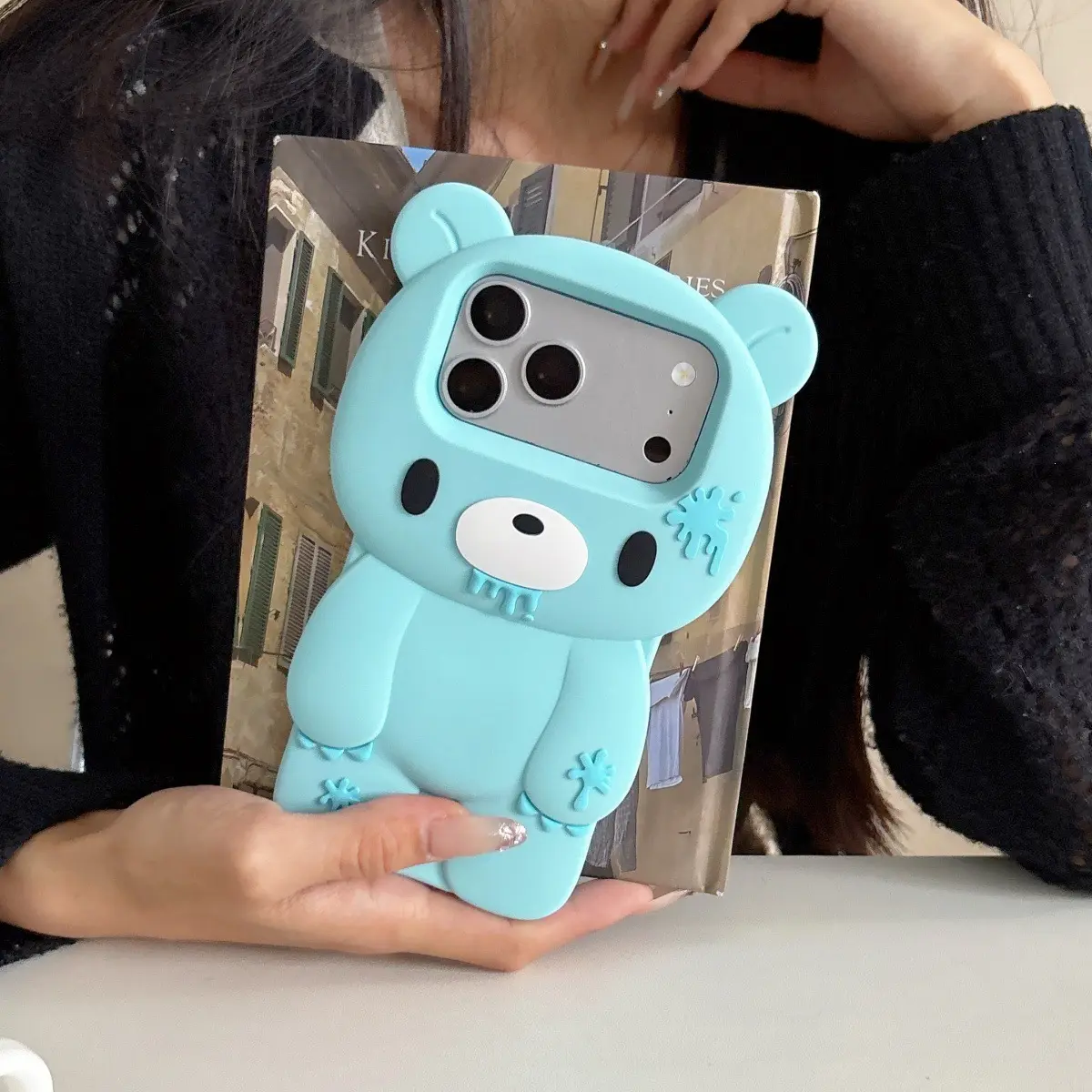 Cute 3D Blue Bear Phone Case For iPhone 17 16 15 14 13 Pro Max—Silicone Shock-Resistant Protective Case