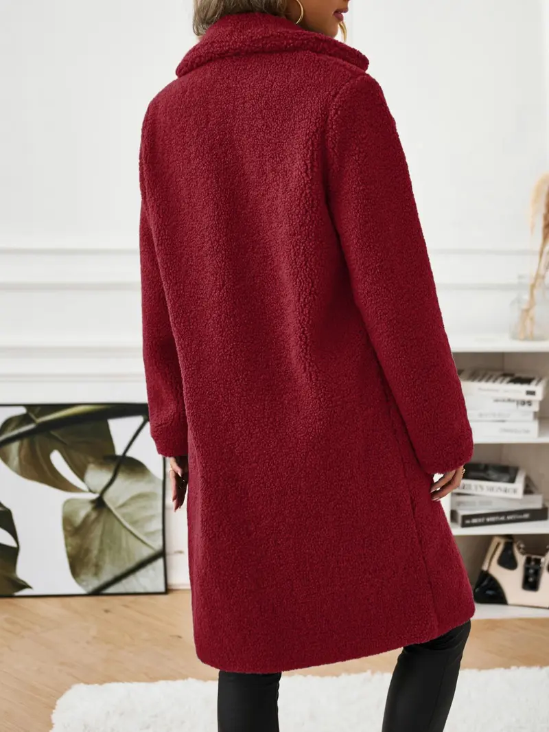 Product Introduction of Women's Solid Button Front Lapel Neck Fuzzy Coat, Casual Warm Long Sleeve Coat for Fall & Winter, Women's Clothing for Daily Wear 6
