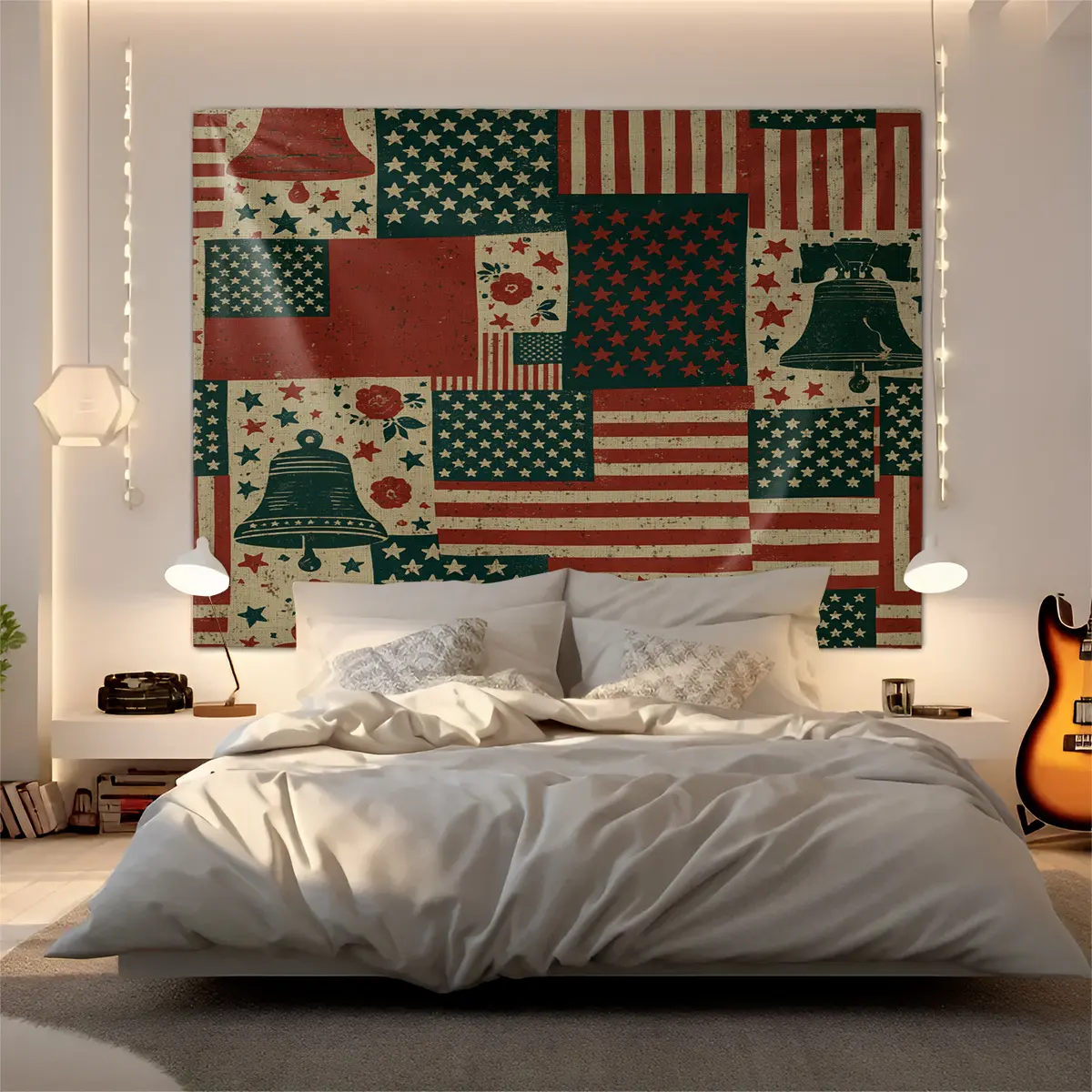 1pc Tapestry Vintage American Flag Liberty Bell Patchwork Tapestry, HD retro printed, soft lightweight durable fabric, easy to hang, perfect for bedroom, living room, dorm wall decor, aesthetic room makeover backdrop, home soft furnishing wall art t