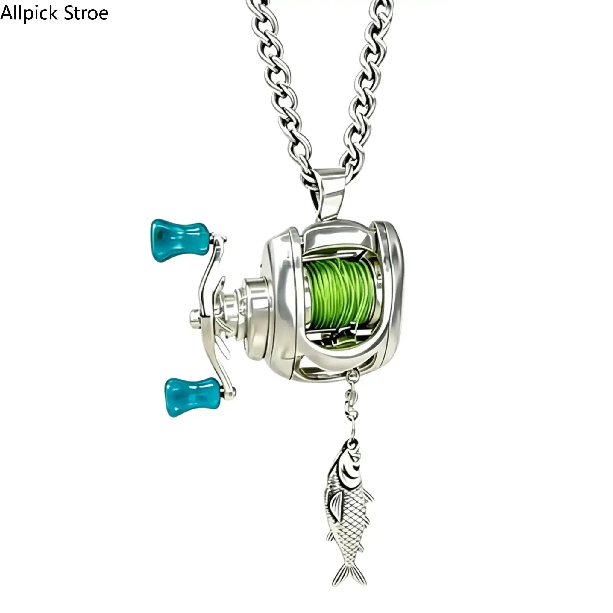 Interactive Fidget Pendant, Stainless Steel Mini Fishing Reel Charm with a Working Retractable Line and Adjustable Chain & Link, Plastic