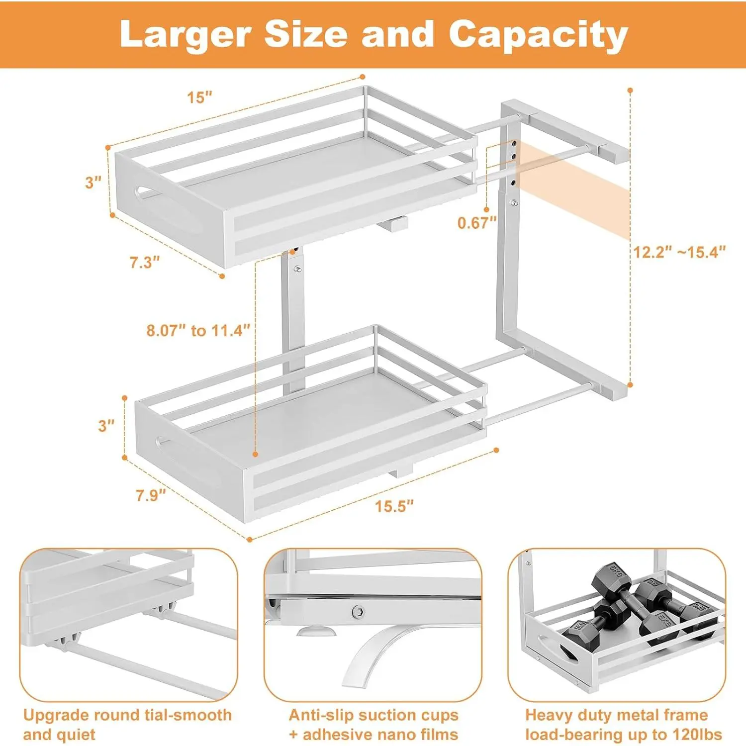 Sink Organizer, 2 Tier Under Sink Organizers and Storage, Adjustable Height, Slide out Metal Cabinet Organizers, Pull out Cabinet Storage Drawer Shelf for Kitchen Bathroom (White, 2 Pack)