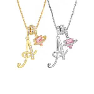 Initial Heart Necklace for Women Pink Cubic Zirconia Pendant Letter Diamond 18K Gold Plated Fashion Jewelry Gift for Holiday Christmas Birthdays Anniversaries,summerwins