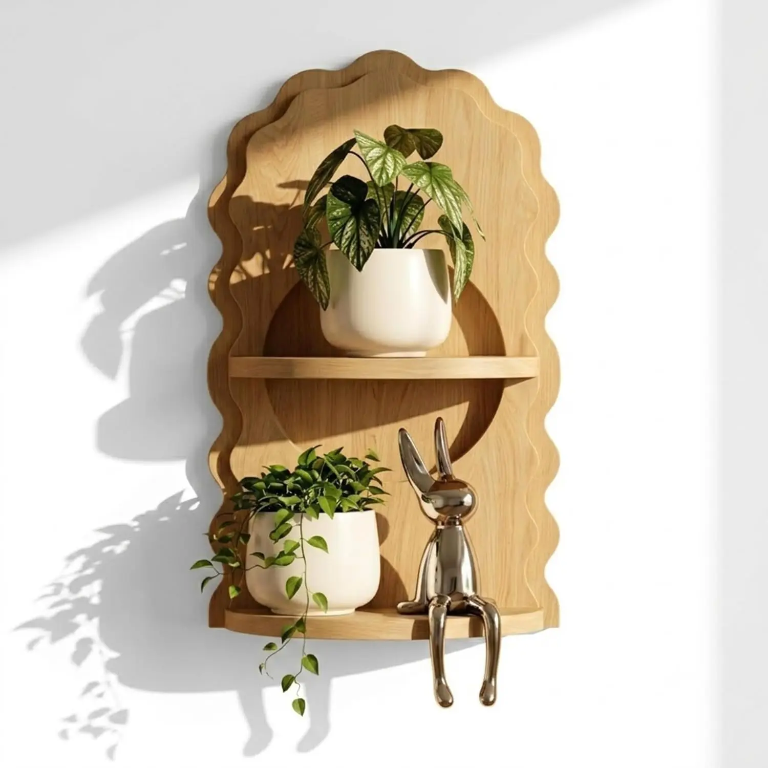 Scalloped Wooden Wall Shelf, Boho Modern 2-Tier Floating Shelves with Layered Wavy Back, Premium Solid Wood Wall Decor for Plants, Small Display Shelf for Living Room, Bedroom, Bathroom, Office
