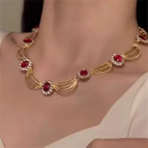 Vintage Ruby Diamond Statement Necklace - Luxury Gold-Plated Choker, Elegant Red Gemstone Jewelry with Adjustable Extension Chain, Thoughtful Gift for Mother’s Day, Valentine’s Day, Birthdays