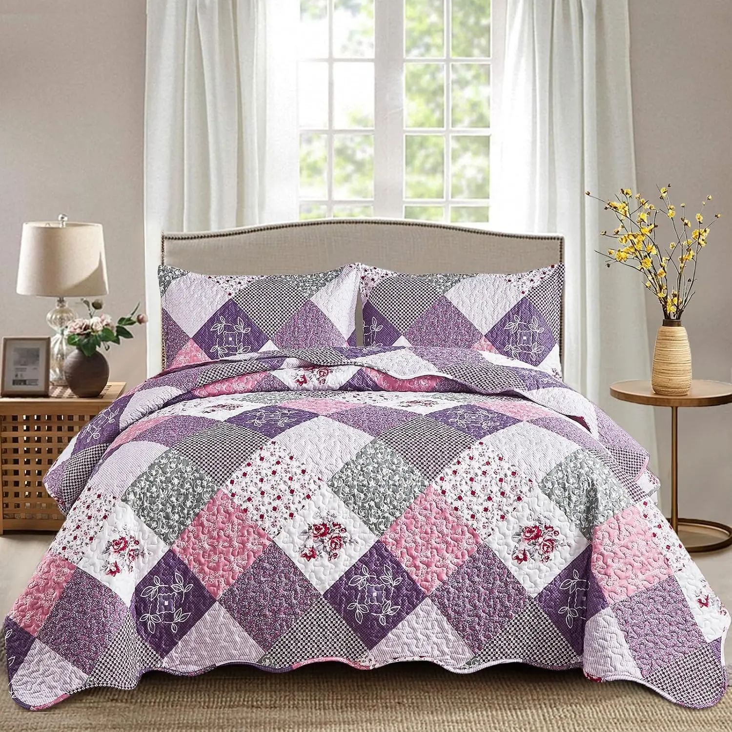 Purple Quilt Set Queen Size, Reversible Floral Plaid Patchwork Pattern Bedding Set Soft Microfiber Lightweight Bedspread Coverlet 3 Piece Spring Summer Use (96x90 inches)