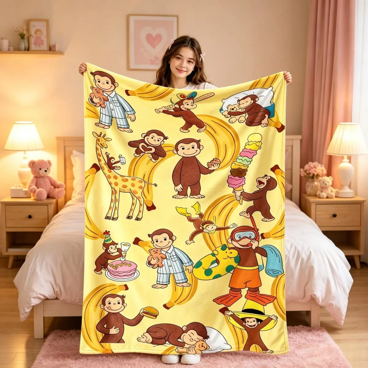 Curious George Inspired Flannel Blanket, Soft Warm Cartoon Monkey Throw Blanket, Funny Decorative Bedspread for Couch Sofa Bed, Ideal Birthday Christmas Gift for Curious George Fans