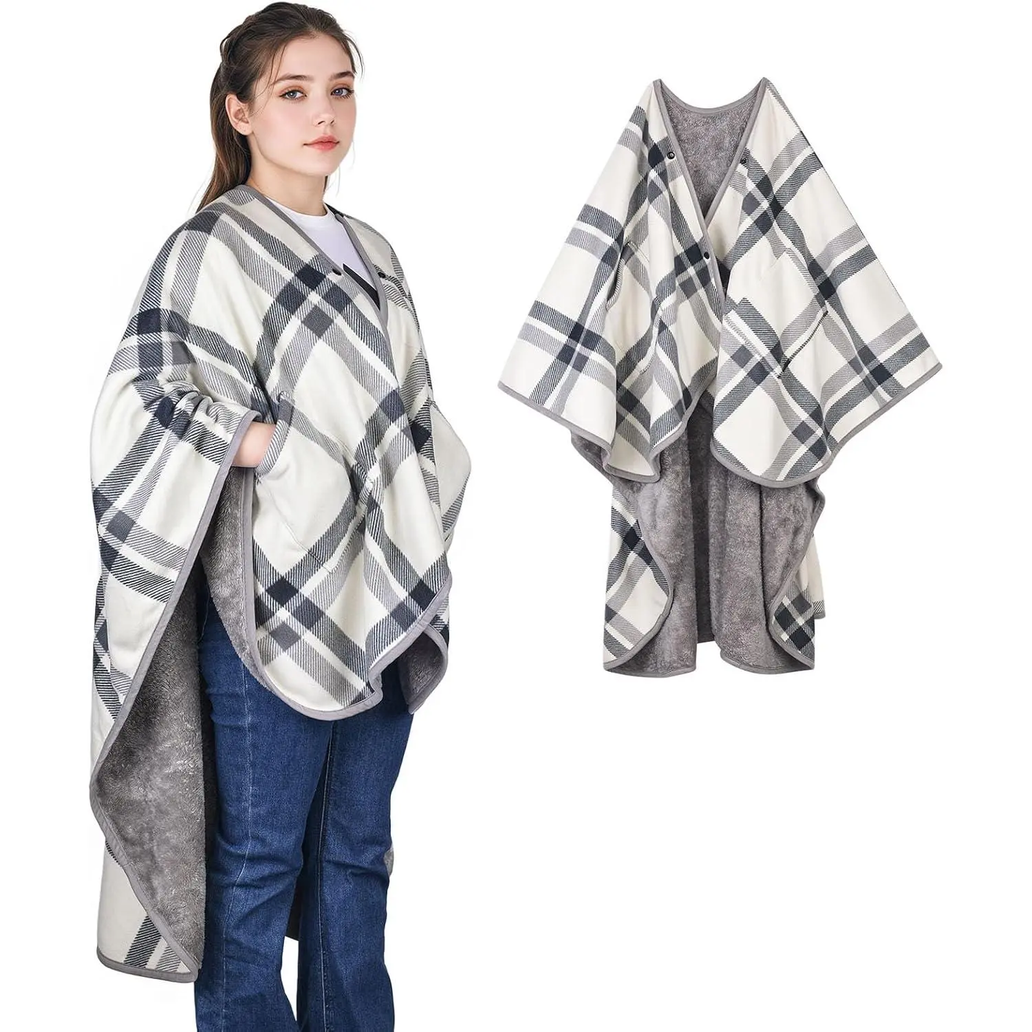 Wearable Blanket Poncho With Pockets And Buttons, Flannel Shawl Wrap Blanket For Women Soft And Warm