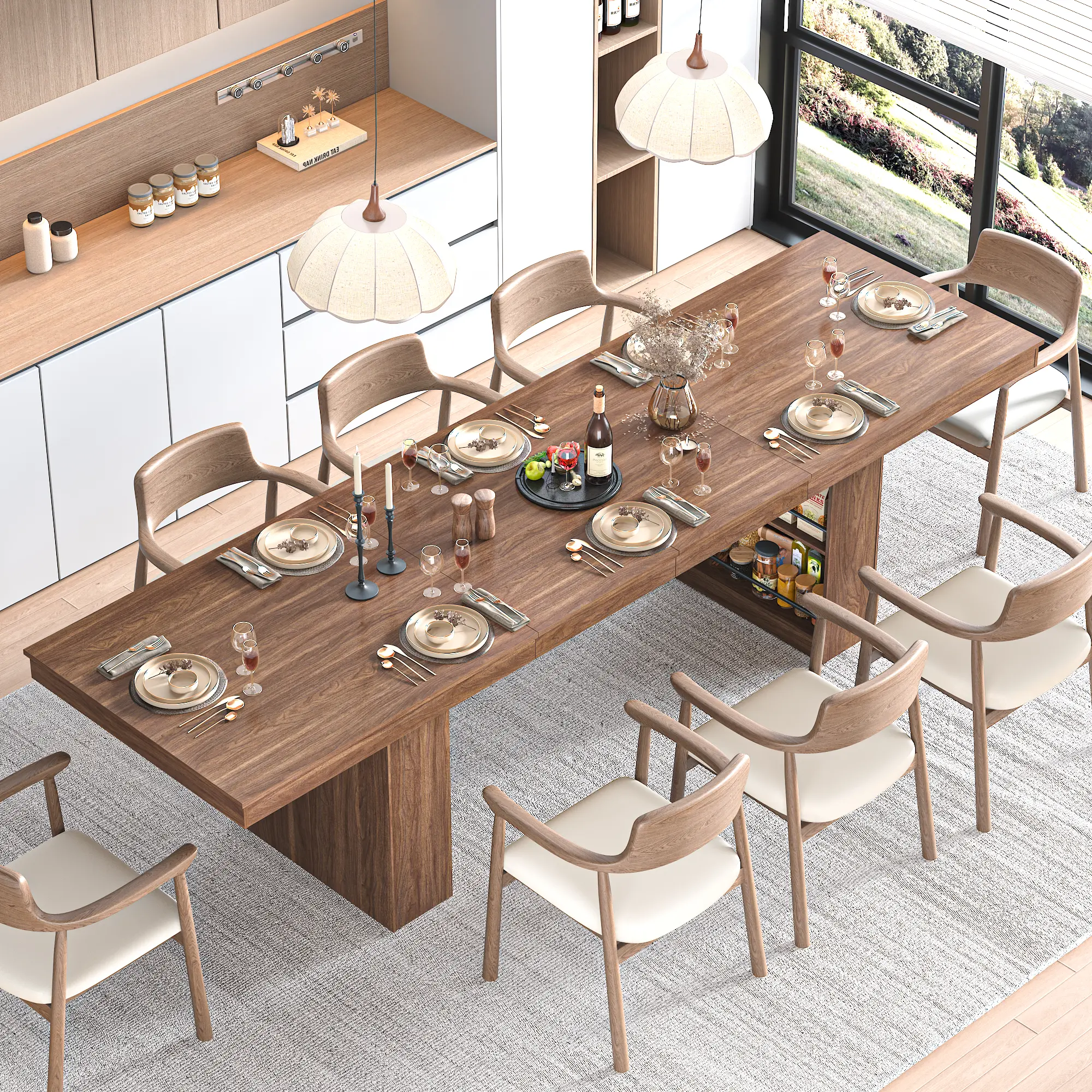 Extendable Dining Table with Storage Base, Modern Walnut Wood Table for Family Dinner & Gatherings, Expandable Kitchen Table for 4-8 People