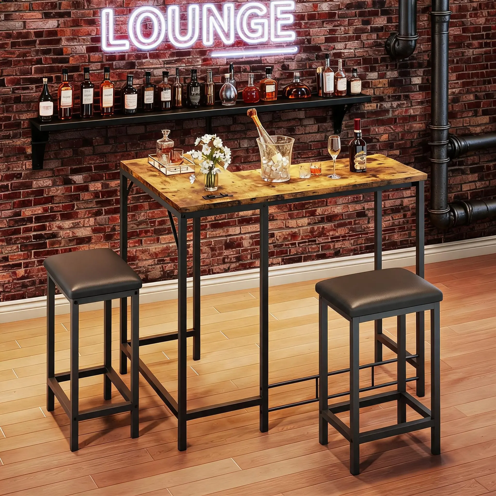 Fall SaleGarvee 63 Inch L‑Shaped Convertible Dining Table Set, 3‑Piece Counter Height Breakfast Nook With Power Outlets And USB Ports, Space‑Saving Corner Bar Table Including Two Stools, Practical Seating Furniture In Home Interior Spaces  SohoChic