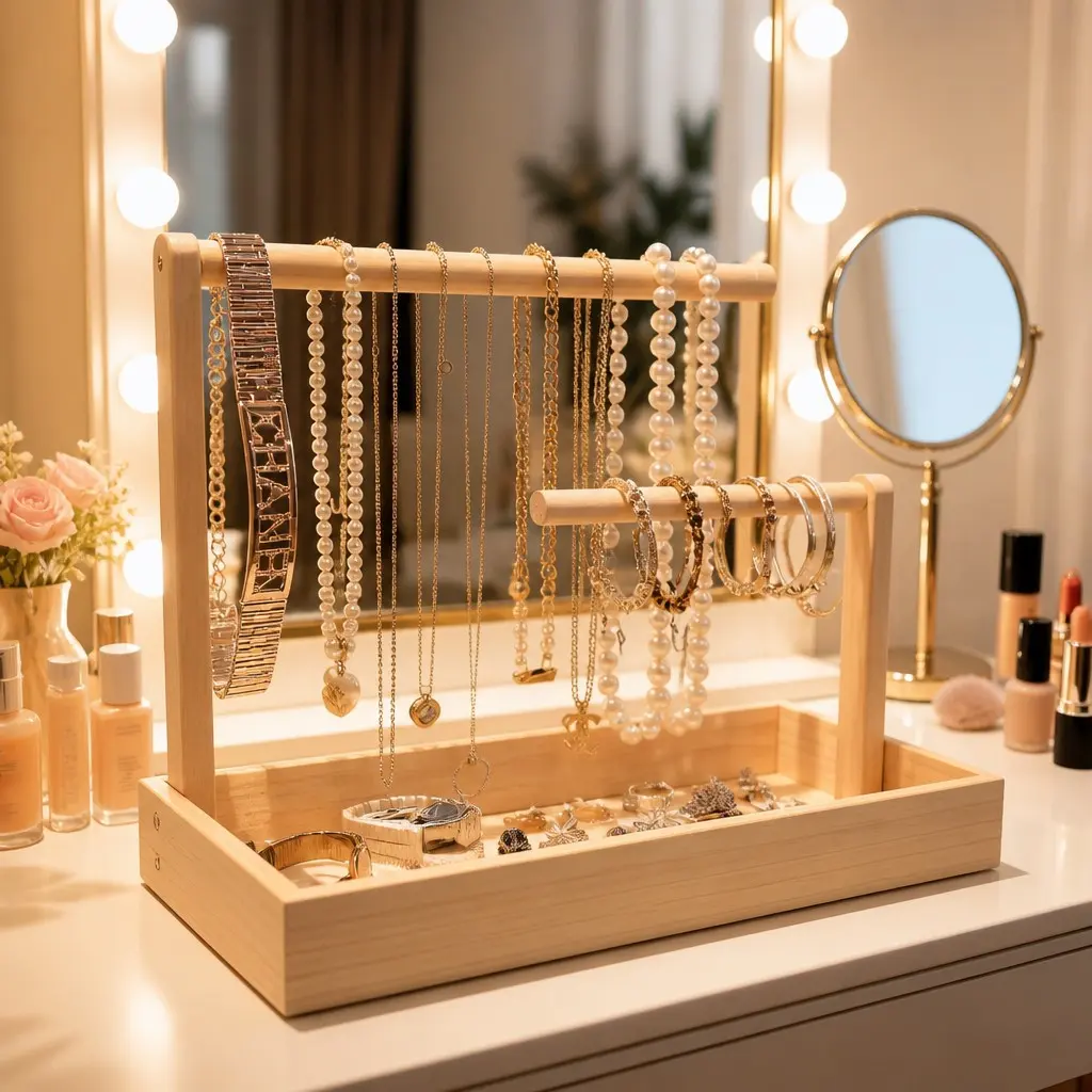 Elegant Minimalist Solid Walnut Wooden Jewelry Display Storage Stand – Necklace & Bracelet Holder Organizer with Pendant Shelf
