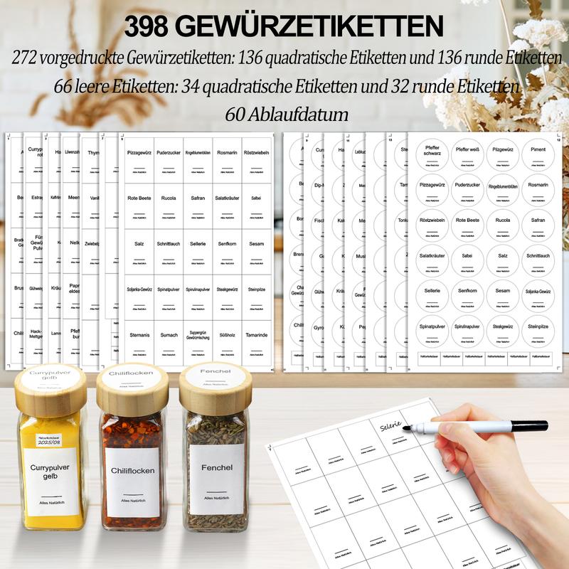 Spice Label Sticker, 398pcs/14 Sheets Waterproof Oil & Tear Resistant Spice Sticker, Including Square Round Preprinted Spice Label & Blank, Date Labels, Adhesive Stickers