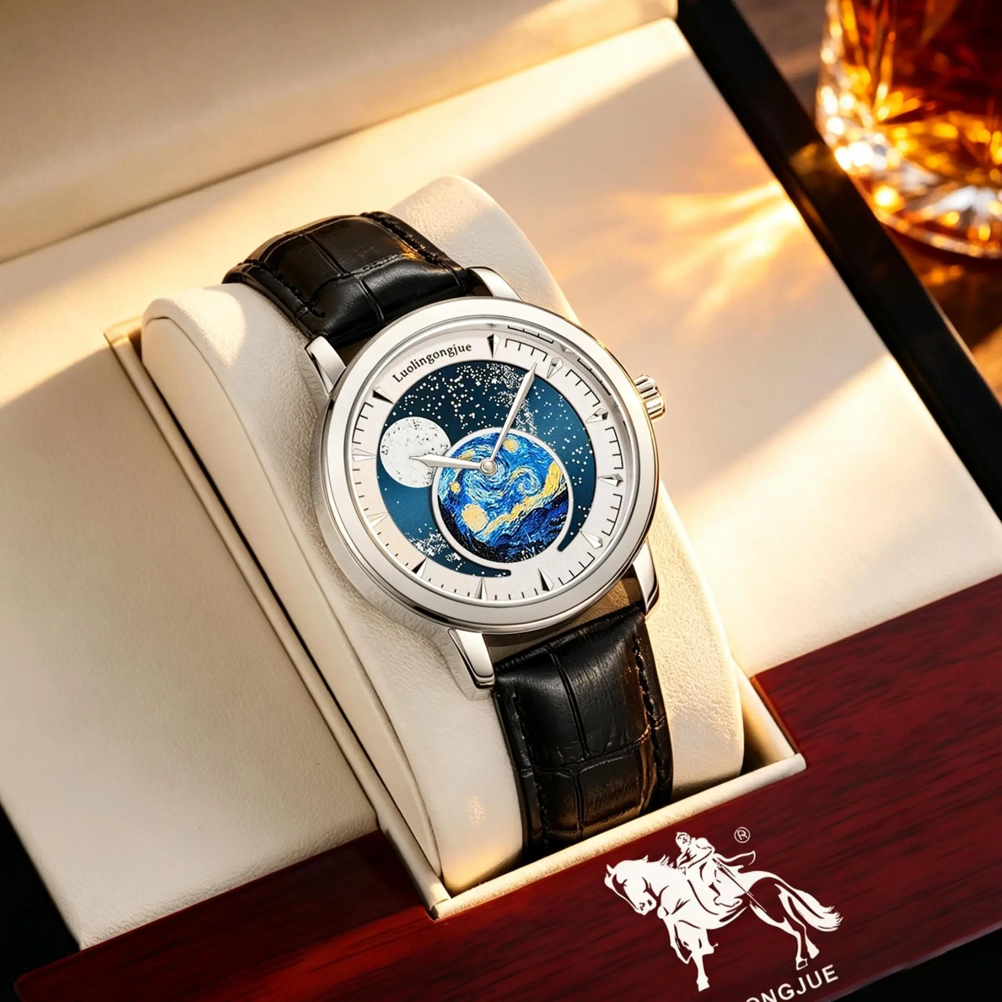 Romantic Starry Sky Automatic Mechanical Watch Men's Elegant, Skeleton Movement, Leather Strap, Two-Hands Design, Waterproof, Gift Box Included
