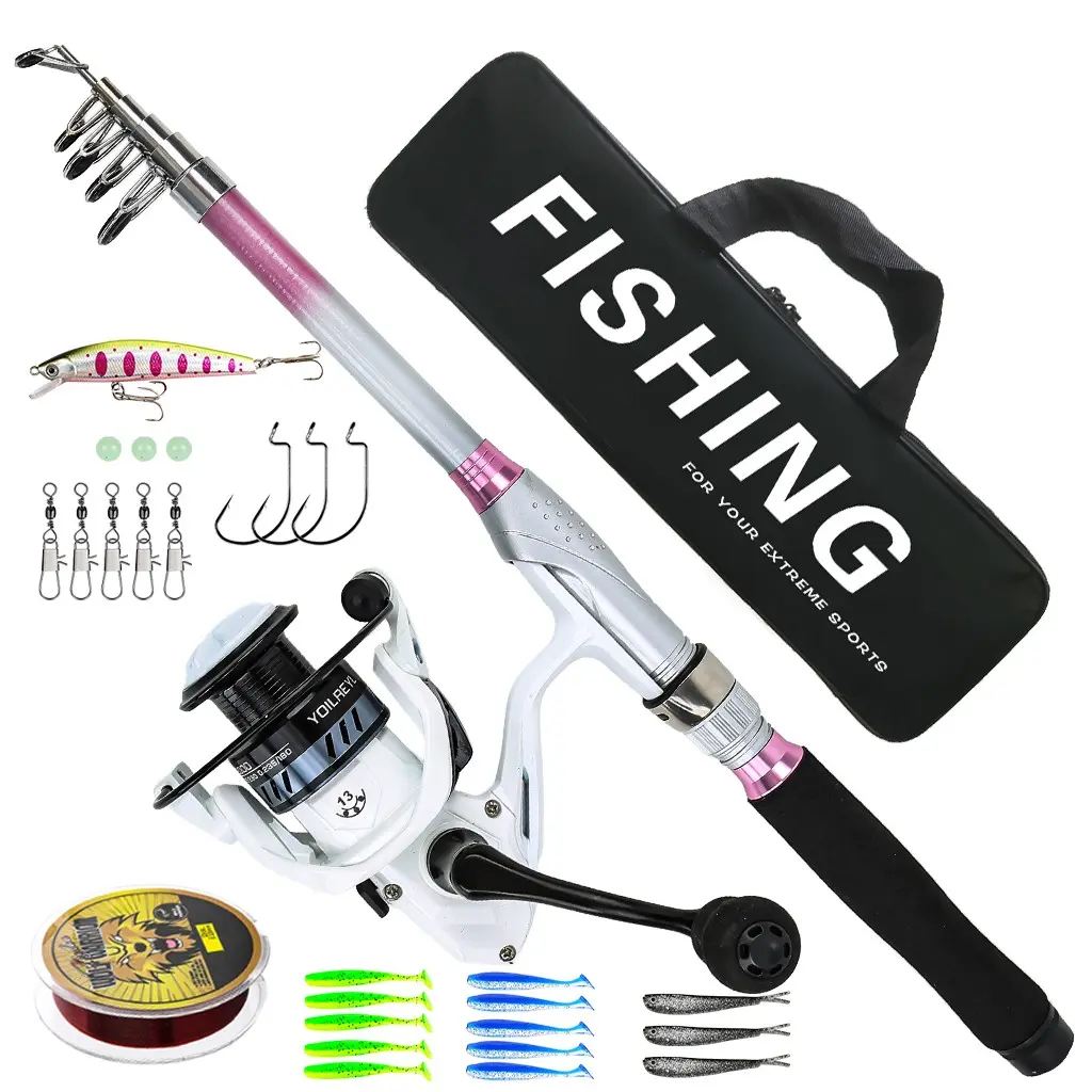 1 Set 1.8m Portable Telescopic Spinning Fishing Rod Combo with YW2000 Spinning Reel, Pre-Spooled Fishing Line, Complete Tackle Kit and Black Carry Bag, Freshwater and Saltwater Fishing Gear and Equipment for Lake, River, Pond and Inshore Shore Angling