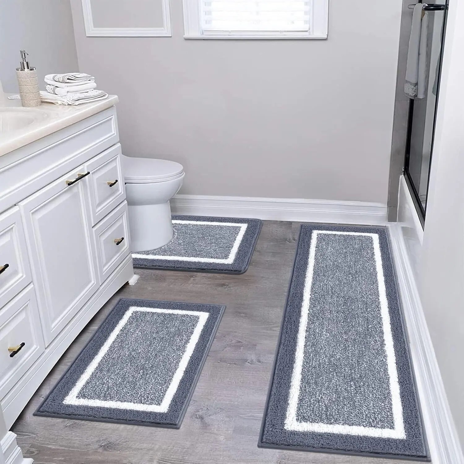 3 Piece Non Slip Washable Bathroom Rugs Set, Plush Absorbent Microfiber Bath Mat Shower Rug Runner, Quick Dry Super Soft U Shaped Toilet Mat Floor Carpet, Dark Grey