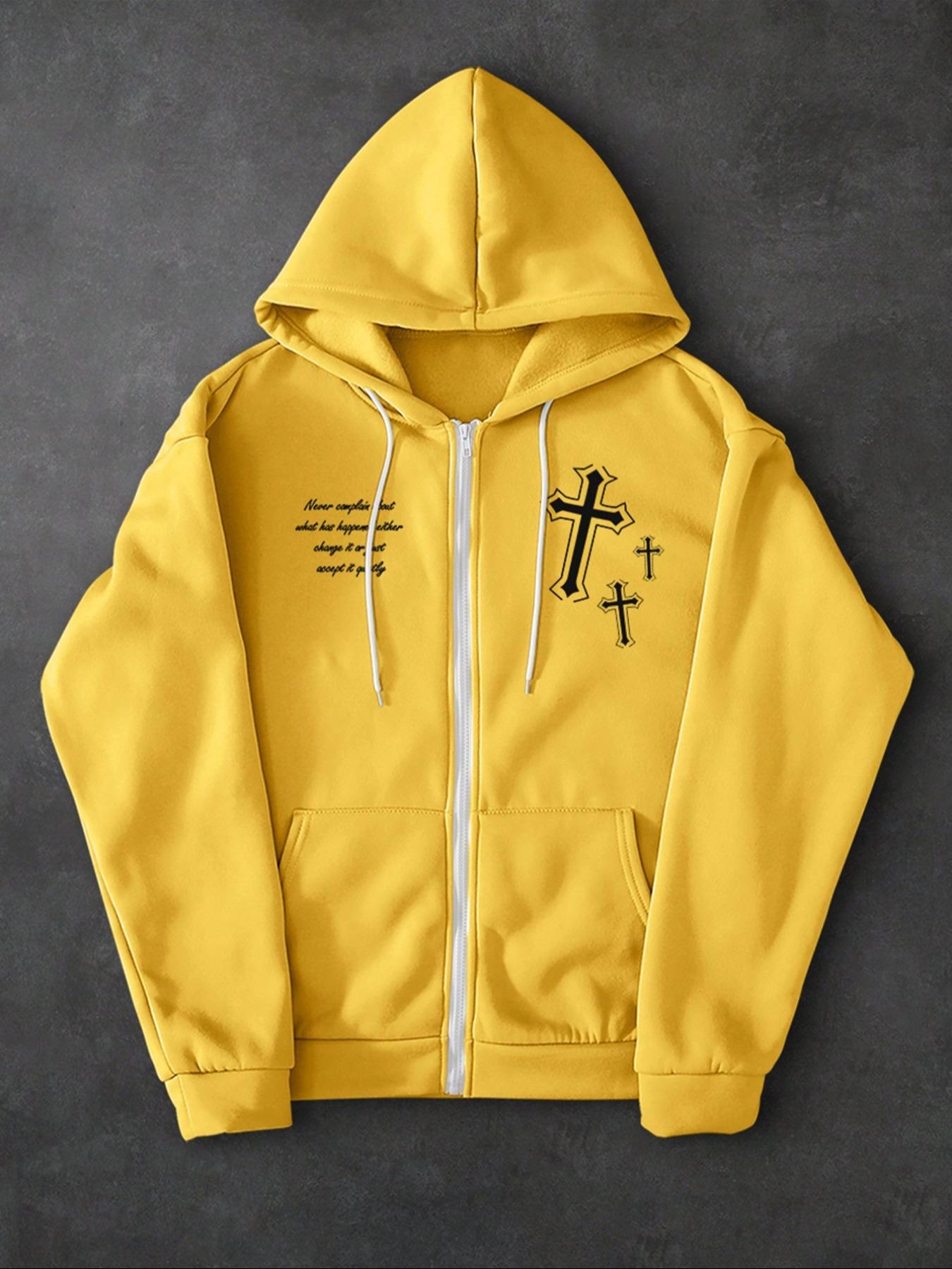 Men's Fleece Lined Zipper Hoodie Jacket, Winter Warm Sports Sweatshirt, Letter & Cross Print Long Sleeve Hooded Top for Outdoor Wear