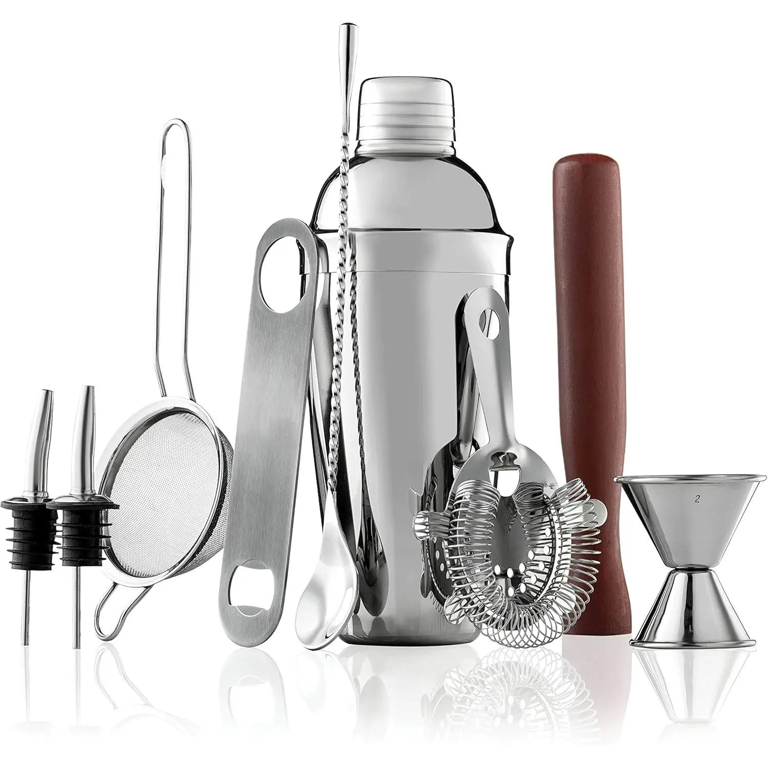 10-Piece Stainless Steel Cocktail Shaker Set Bartender Kit with Travel Bag, Mixology Bar Tools Include Strainer, Muddler, Jigger, Bar Spoon, Bottle Opener, Pour Spouts
