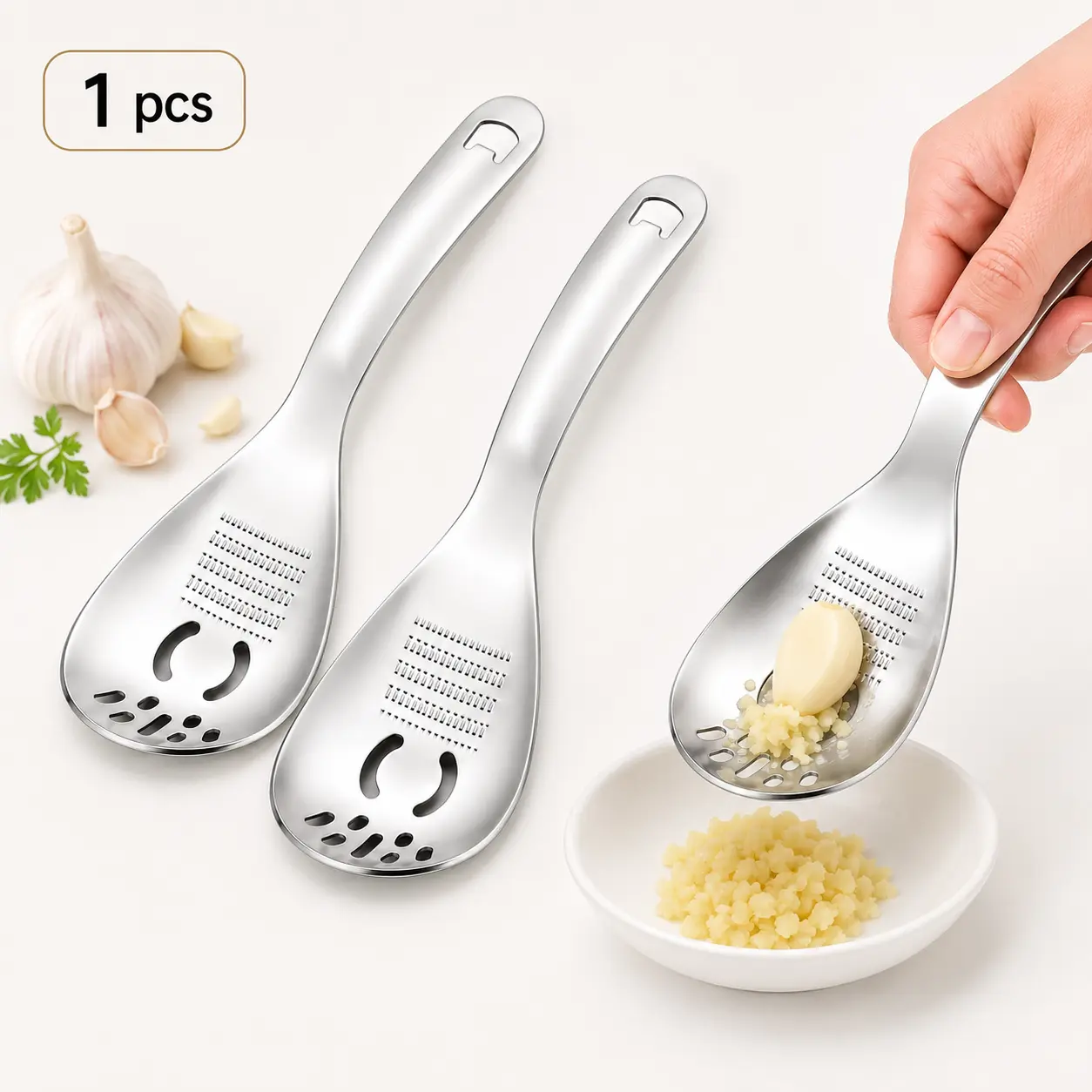 1 Count Stainless Steel Garlic Grater Spoon, Manual Ginger Masher & Slotted Spoon, Multifunctional Kitchen Gadget for Garlic, Ginger, Egg