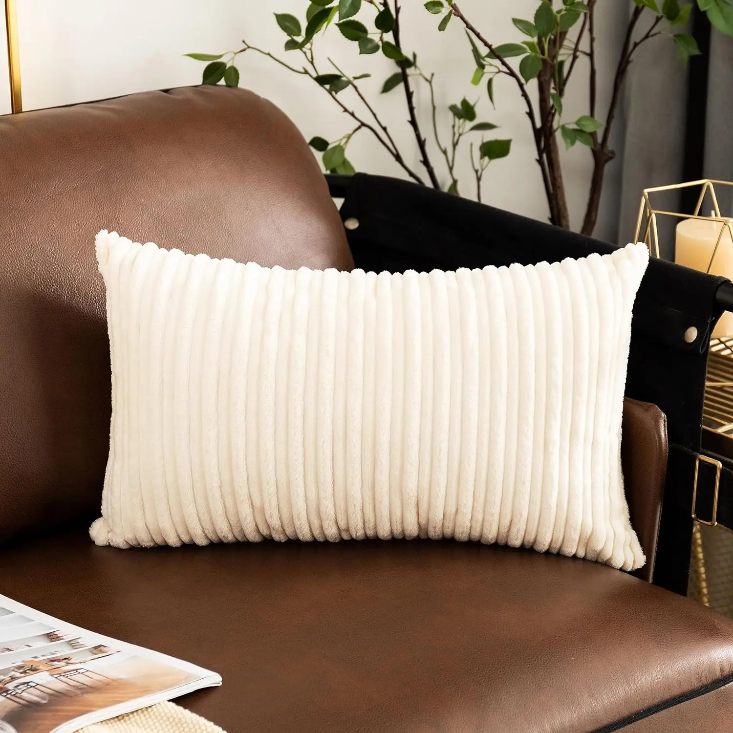 Velvet 12x20 Inch Lumbar Throw Pillow Cover, Both Sides Corduroy Striped, Soft Solid Decorative Rectangular Cushion Case for Couch/Bedroom/Car, 1 Piece, Cream