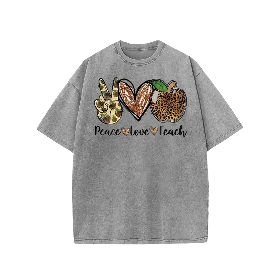 Unisex Acid Wash T-Shirt Crew Neck Short Sleeve Three-Part Teacher Symbol Stacked Printed, Easy-Matching Layout For Thoughtful Educator Present Selections