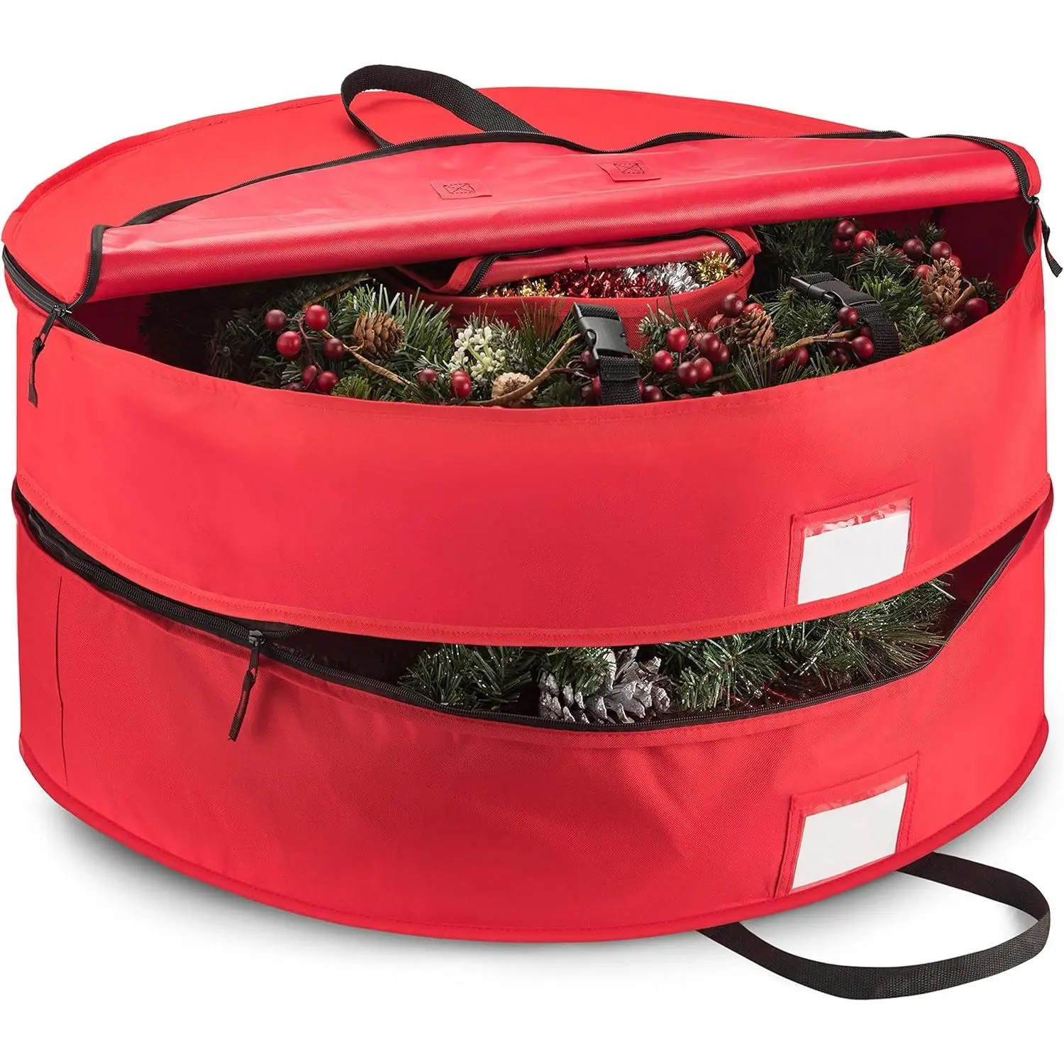 Christmas Wreath Storage Container 24 Inch - Wreath Bag Fits 2 Wreaths Box - 600D Oxford Fabric - Interior Compartment for Storing Garlands, Wreaths Storage Bag W  Durable Handles - Red