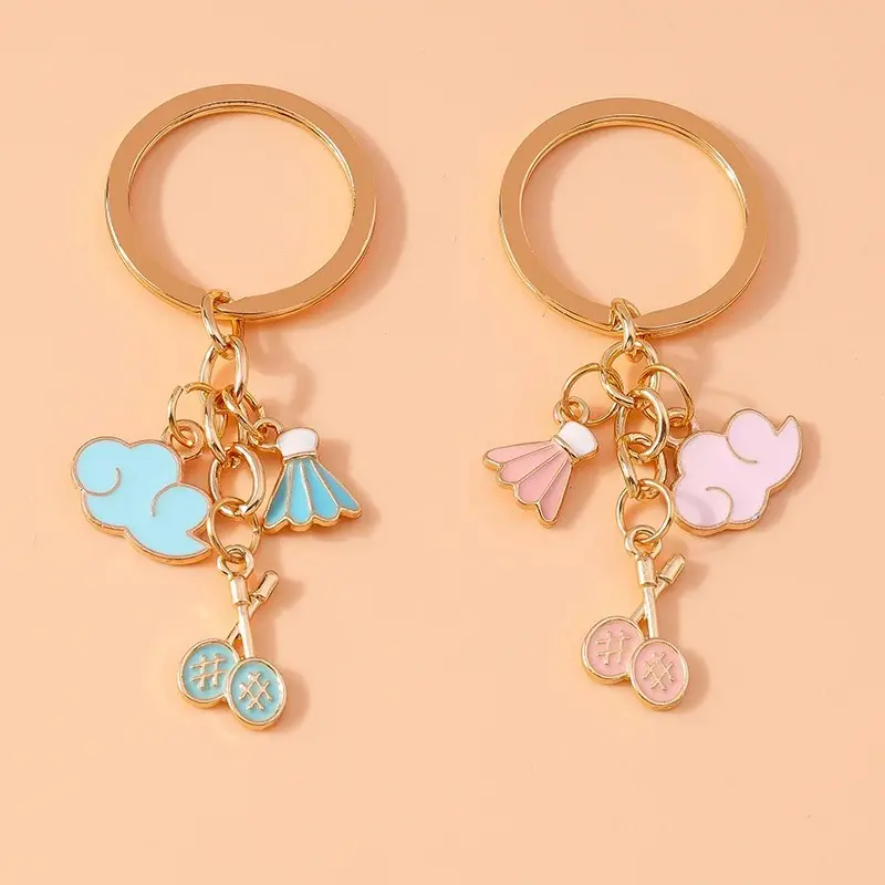 Cute Metallic Badminton Keychain for Women, Mini Sized Stainless Steel Keyring with Enamel Racket & Cloud Charms for Female Key, Purse & Backpack, Mini Sized Products, Casual Purse, Purse & Backpack Accessory