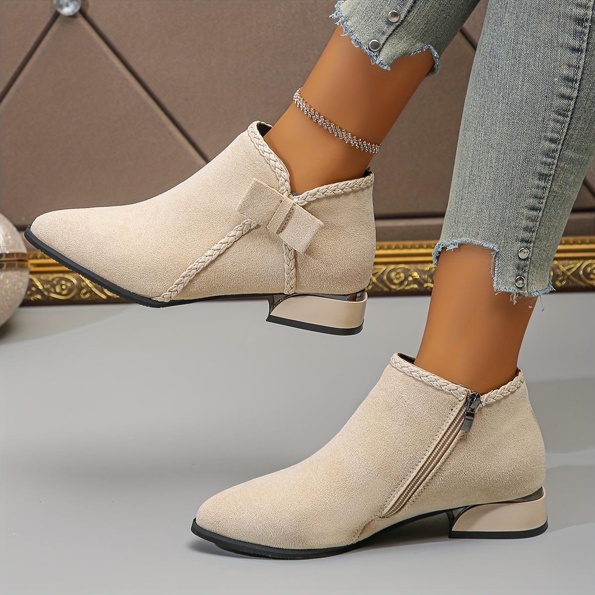 New Autumn/Winter Women's Mid-Heel Ankle Boots, Pointed Toe Single Boot with Bow, Fashionable and Versatile, Chunky Heel, Side Zipper, Women Shoes