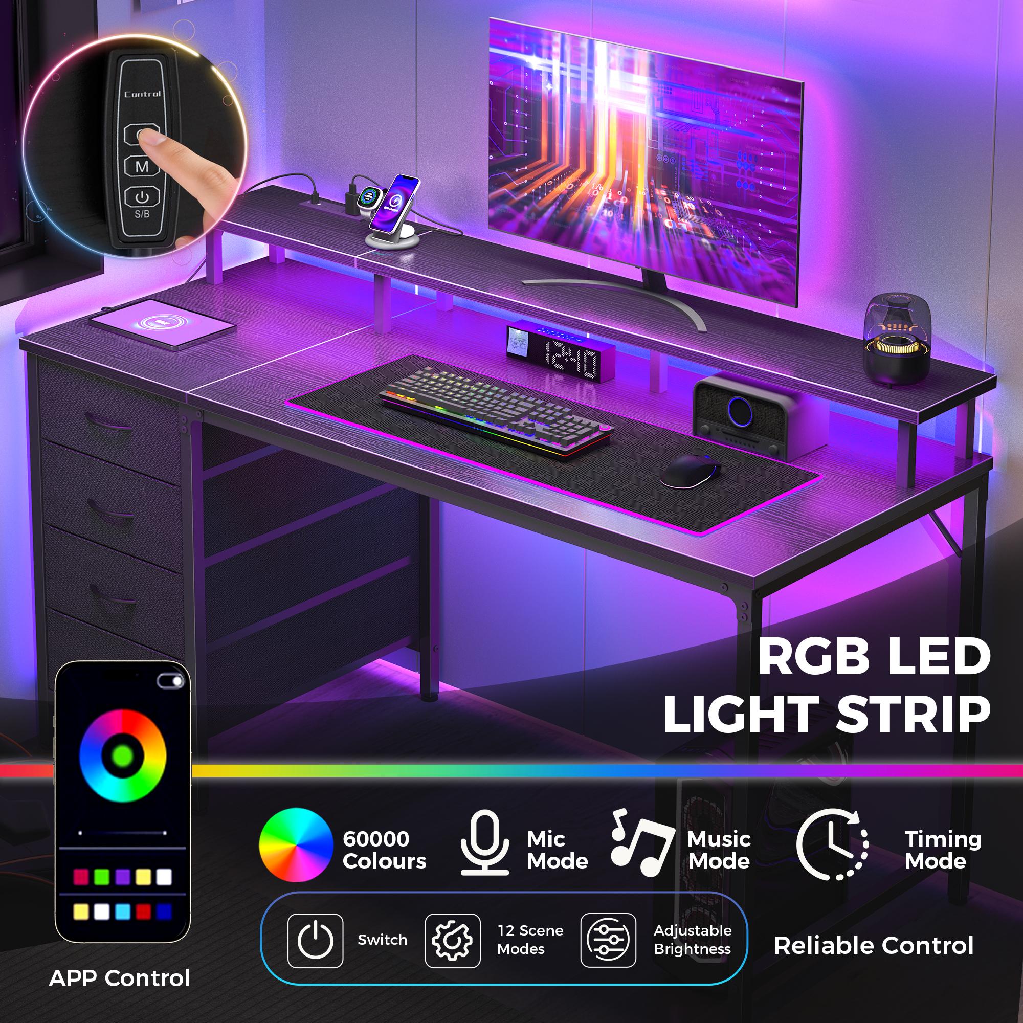 Gaming Desk with LED Lights USB Type C Charging Station, Computer Desk with 4 Drawers Monitor Stand Storage for Home Office