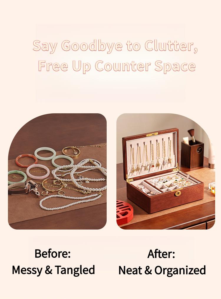 Solid wood embedded double-layer home jewelry box, desktop earring and ring storage box, flip-top lockable accessory storage box