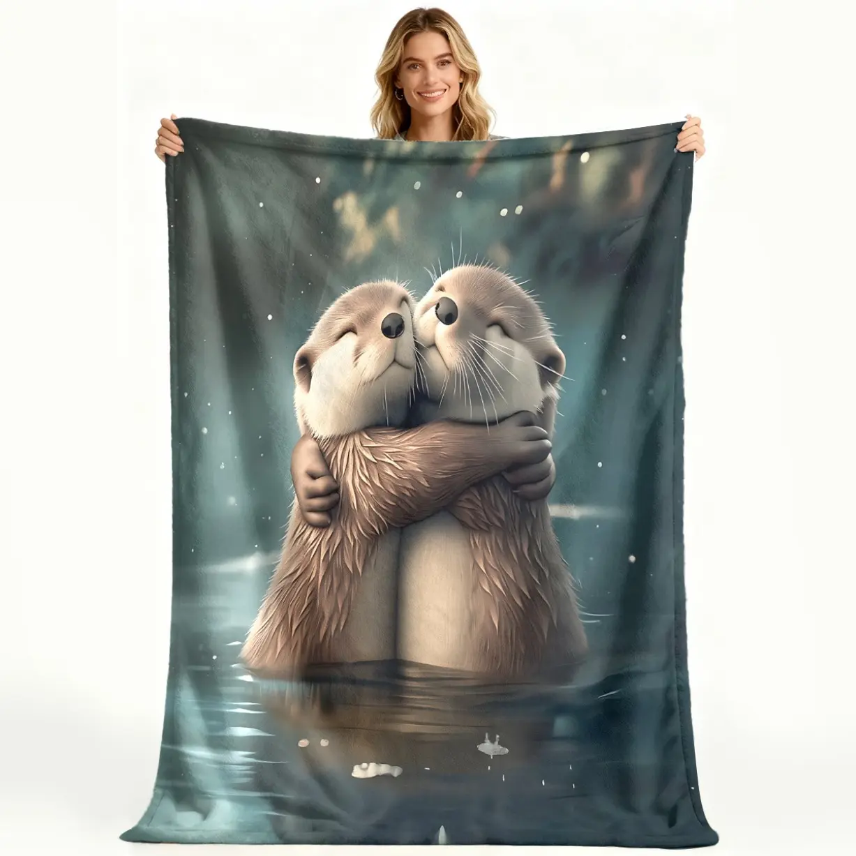 Cute Otters Hugging Flannel Blanket, Soft Cozy Plush Throw Blanket for Sofa Couch Bed, Lightweight All Season Bedding Decor, Animal Print Room Decor, Birthday Gift and Holiday Gift for Kids, Women and Families