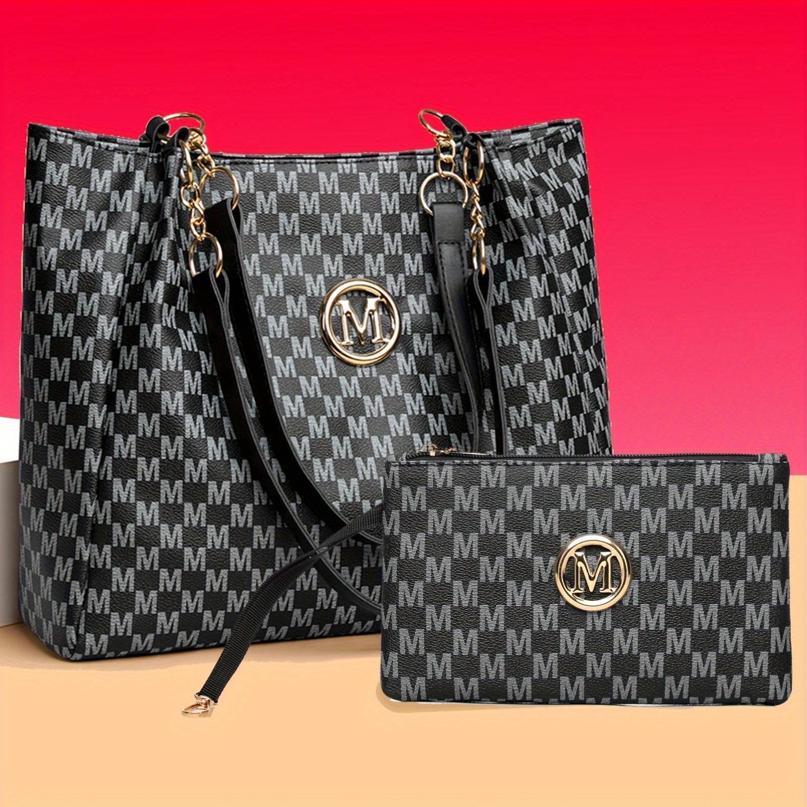 Two-piece set with large-capacity single shoulder bag, perfect for elegant urban women. Features a Lotus M print, stylish M-shaped metal buckle design, lightweight fixed shoulder strap, Lightweight style, suitable for various occasions-ideal gift