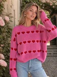 Women's Colorblock Heart Stripe Knit Sweater, Round Neck Drop Shoulder Loose Fit, Fall Winter New Arrival Casual Knit Pullover Tc2401