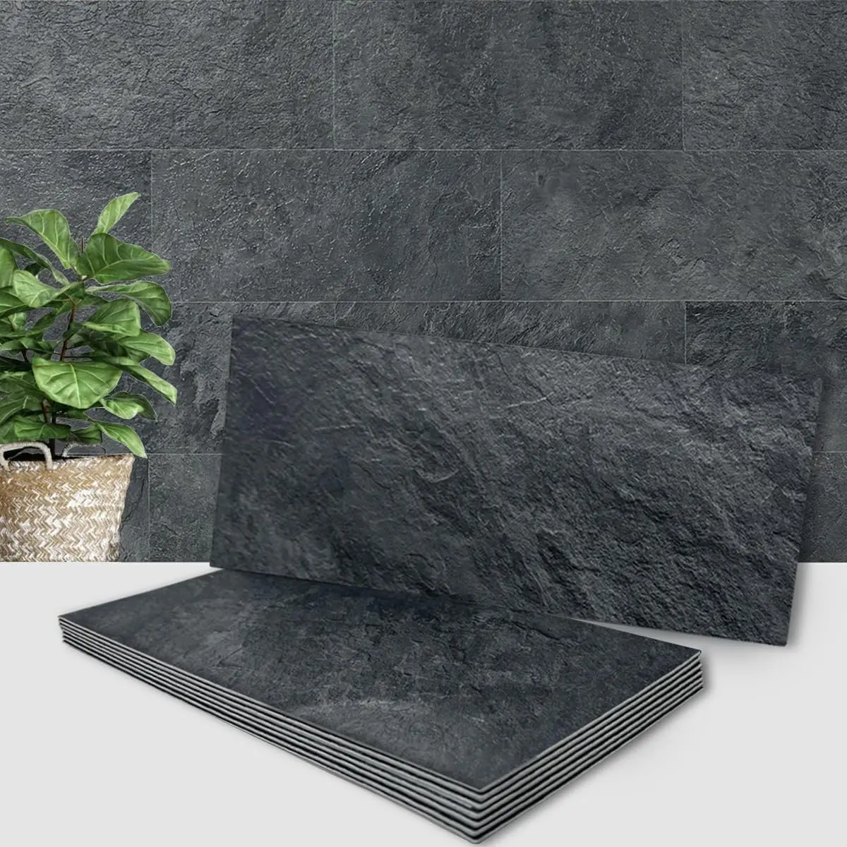 2-Piece 6" x 12" Black Slate Peel and Stick Backsplash Tiles, PVC Faux Stone Stick on Wall Tiles for Kitchen, Bathroom, Laundry Room, Camper, Fireplace