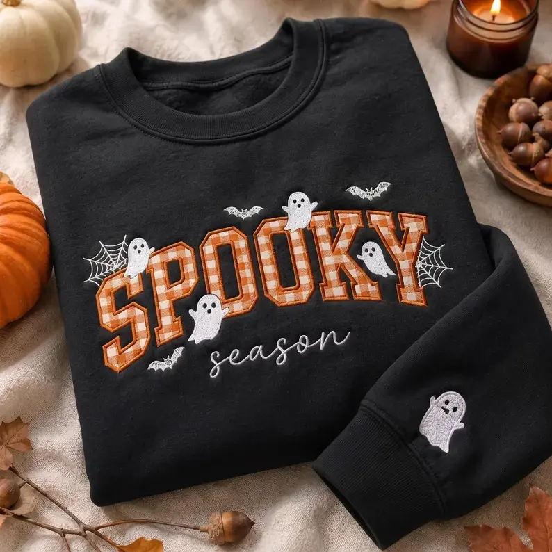 Embroidered Spooky Season Sweatshirt, Cute Ghost and Bat Applique Crewneck, Coquette Halloween Tee,Cozy Season Halloween Quarter zip Sweater